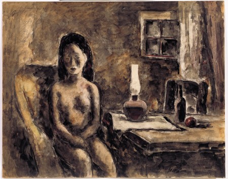 Desnudo femenino al lado de una mesa